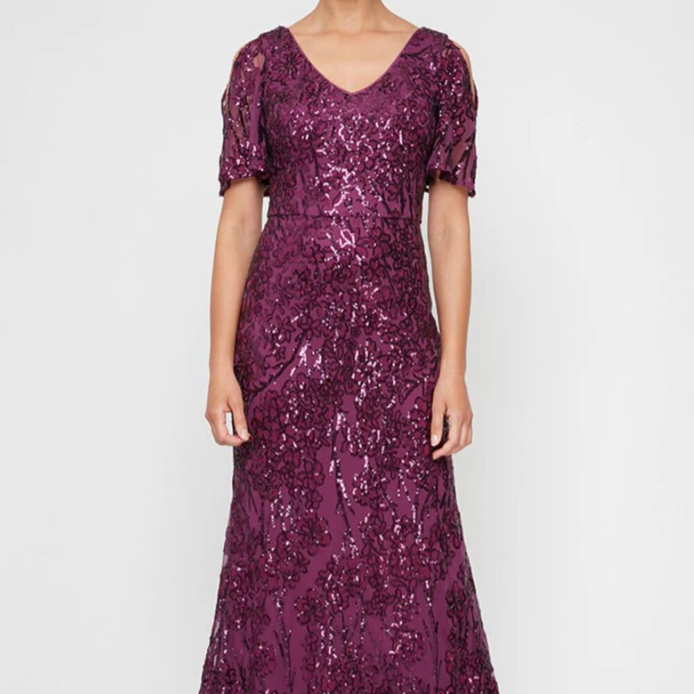 Alex Evenings V-Neck Sequin Dress with Cold Shoulder Flutter Sleeve (Plum, 12)